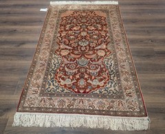 Turkish Hereke Rug 3×5, Fine Hand-Knotted Silk Carpet, Rust Red & Green