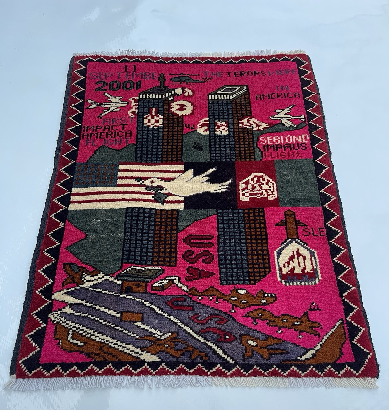 77x60cm Handmade rug 9/11 twin towers War Rug Afghan War Rug Handicrafts #316 gallery