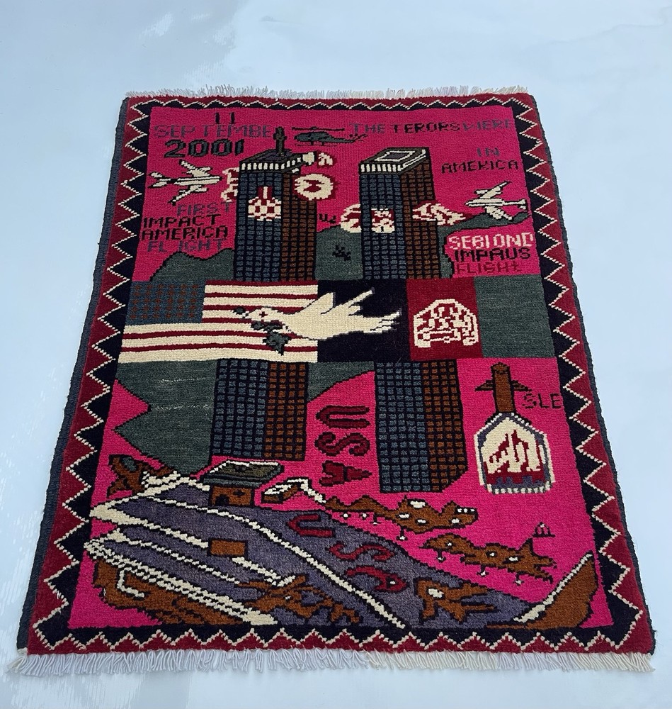77x60cm Handmade rug 9/11 twin towers War Rug Afghan War Rug Handicrafts #316
