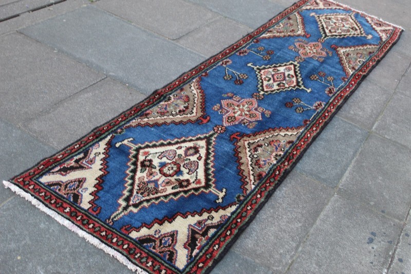 Vintage Hand Made Traditional Oriental Wool Blue Long Runner 310x74cm gallery