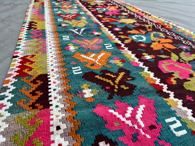 3x6'10 ft Vintage Caucasian Kilim Flatweave Wool Floral Botanical Two Panel Rug gallery