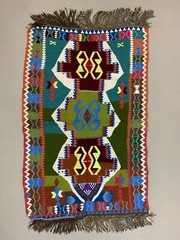 Small Vintage Turkish Kilim 134×85 cm Wool Kelim Rug Indigo Red Blue Black Grey