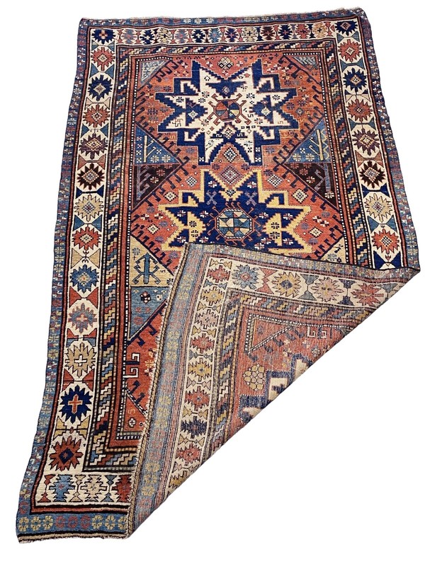 #827 Rare 19th C Antique Tribal Caucasian Star Kazak Rug 7' 10" BY 4' 10" gallery