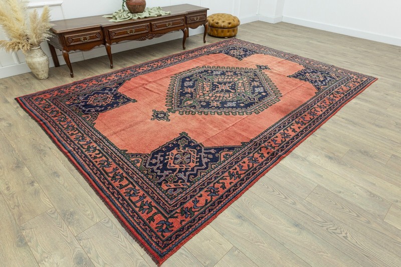 Antique Turkish Oushak Rug 7.10x11.4 ft – Terracotta & Navy – Hand-Knotted Wool gallery