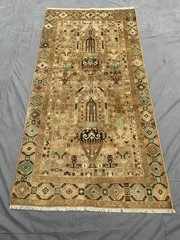 Beige Turkish Caucasian Runner 4’2×8 Hand Knotted Wool Distressed Low Pile Rug