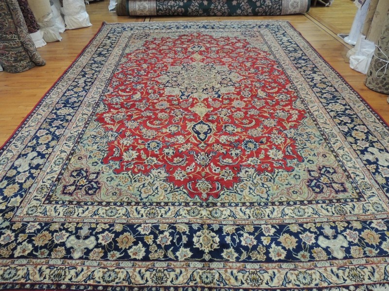 12x15 Semi-Antique Kashaan Oriental Area Rug Red Blue Navy Green wool knotted gallery