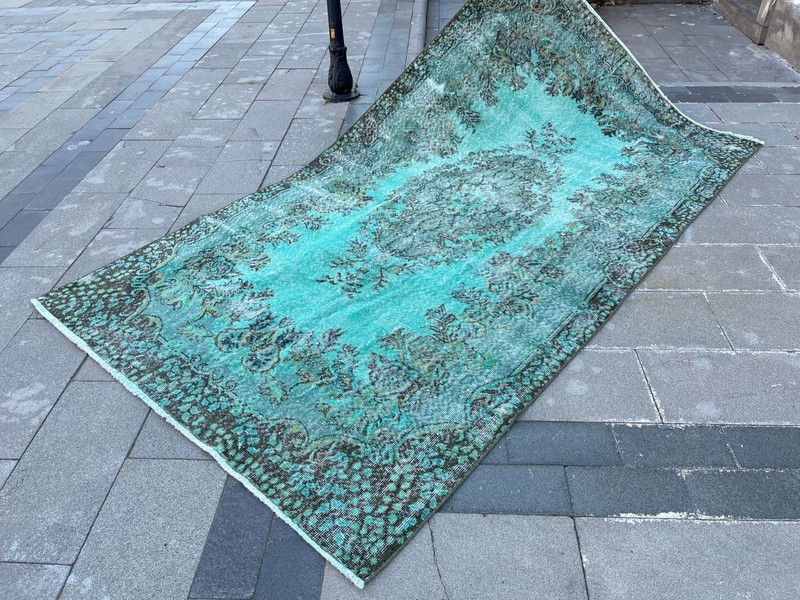Vintage Turkish Oushak Overdyed Rug 5.5x9.8 ft Turquoise Teal Distressed gallery