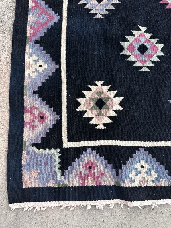 Vintage Wool Dhurrie Rug Handwoven Geometric Patterns Purple On Black “AS IS” gallery