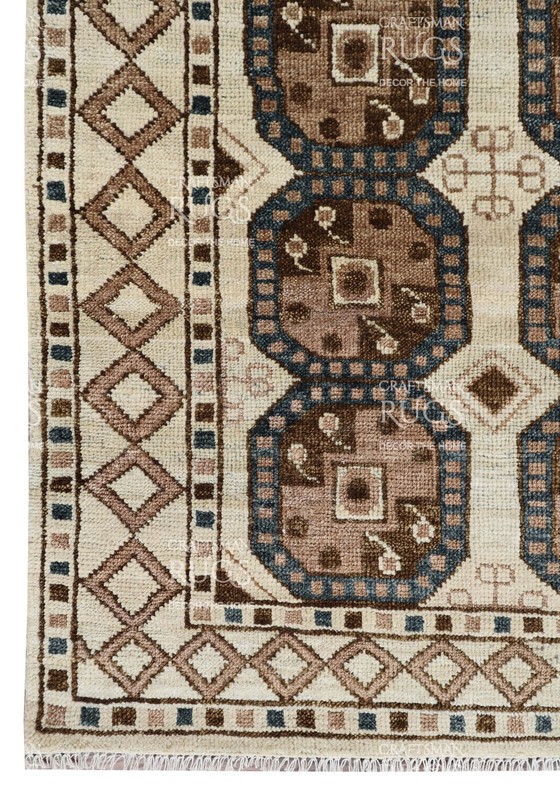 Handmade Octagonal Geometric Rug – Brown, Beige & Dark Blue Border 8x10ft gallery