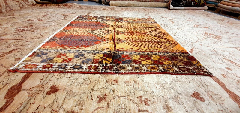 Primitive Antique Cr1900-1939s Multi-Colored Wool Pile Tribal Area Rug 5x5ft gallery