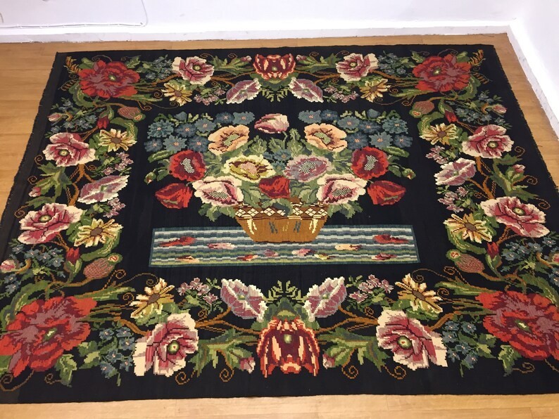 Vintage Turkish Floral Kilim Rug 9x11ft Handmade Flatweave Black Background Wool gallery