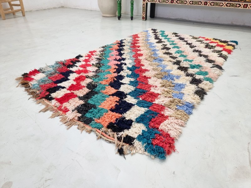 Moroccan Handmade Vintage Rug 3'1x5'4 Berber Checkered Multicolor Cotton Rug gallery