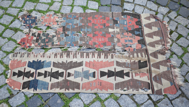An Antique 1860's Awesome Primitive Collector's Piece Anatolian Fragment Kilim gallery