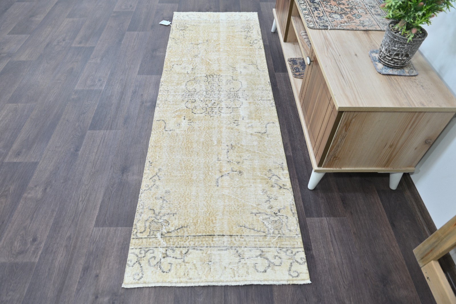 Vintage Turkish Runner Rug 2x7ft YELLOW Handmade Anatolian Oushak Hallway Wool gallery