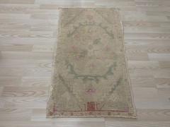 Minimal Faded Turkish Vintage Small Rug 1.7 x 3 ft Soft Pastel Medallion Design