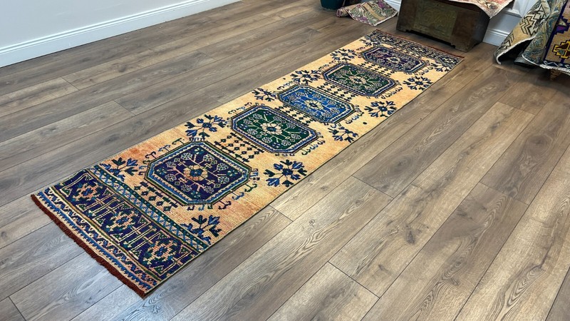 2.6 x 9.6 ft Yellow Rug, Blue Rug, Handmade Runner Rug, Oushak Runner Rug gallery