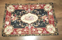 VTG BEIGE BURGUNDY DARK BLUE WOOL FOLK ART HAND HOOKED RUG