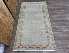 3×6 Gray Green Vintage Turkish Runner, Hand-Knotted Wool Hallway, Entryway Rug