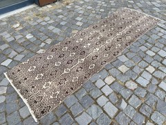 Vintage Oushak Runner Rug, Hand-Knotted Wool, Brown Taupe Neutral Hallway Runner