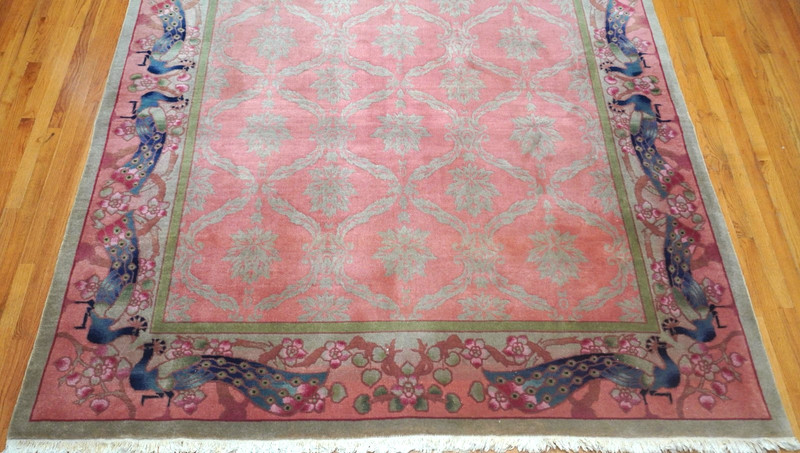 Chinese Hand Knotted Wool Peacocks Rose Pink Green Oriental Rug 7'x10' Excellent gallery