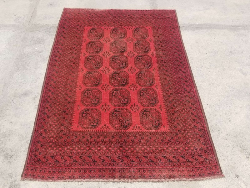 Distressed Authentic Hand Knotted Vintage Afghan Turkmen Wool Area Rug 9.3x6.6ft gallery