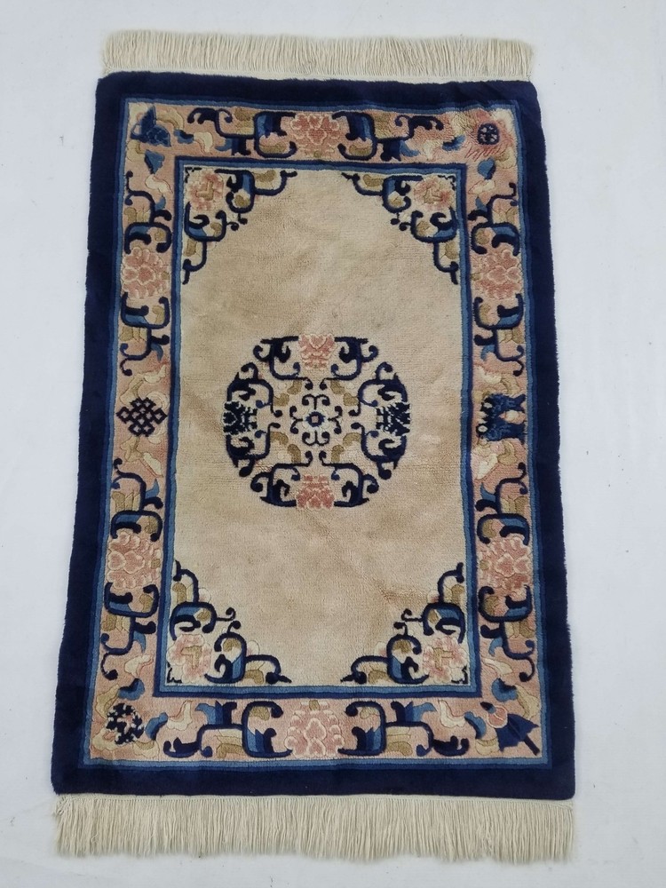 Antique Tibetan Hand Knotted Floral Blue Brown Wool Rug Carpet 93x63cm