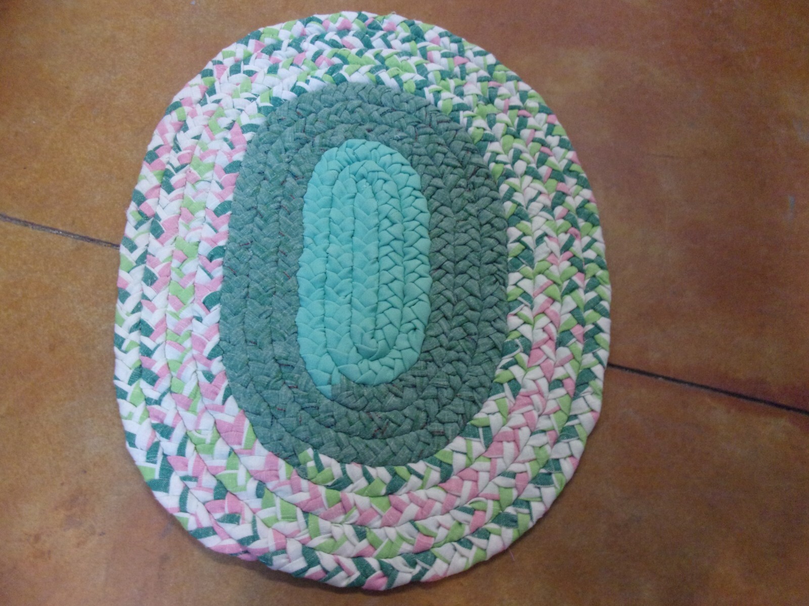 Handmade Vintage Braided Rug - New/Unused - 26" Long X 21" Wide - Green/Pink gallery