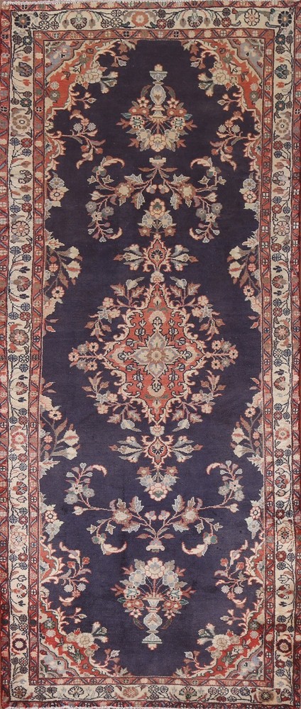 Vintage Navy Blue/ Ivory Hamedan Runner 4x10 Rug Hand-knotted Oriental Carpet