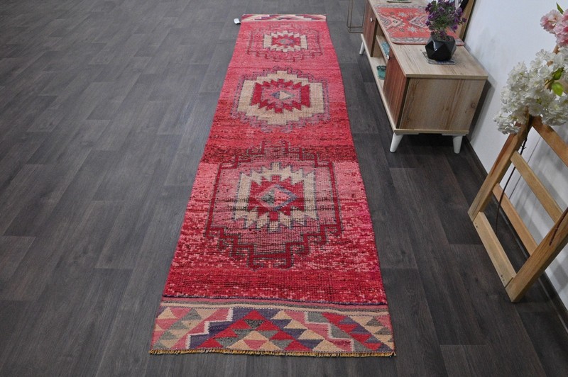 Vintage Turkish Runner Rug 3x12ft RED Handmade Anatolian Oushak Hallway Wool gallery