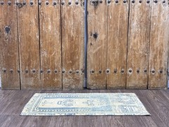 2×3 Beige Blue Turkish Door mat, Hand-Knotted Wool Bath mat, Vintage Small Rug