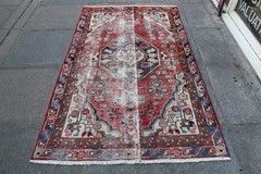 Vintage Worn Hand Made Traditional Oriental Wool Red Large Rug 192x115cm