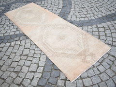 Vintage Turkish Rug 36” x 105” Anatolian Muted Dye Oushak Rug Hallway Area Rug