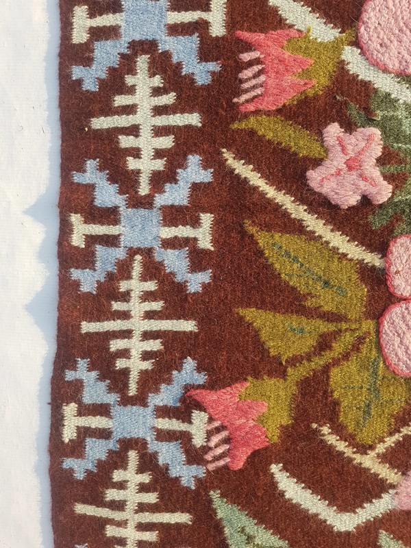 Vintage Traditional Handmade Romanian Floral Wool Brown Kilim 6.5x4.8ft gallery