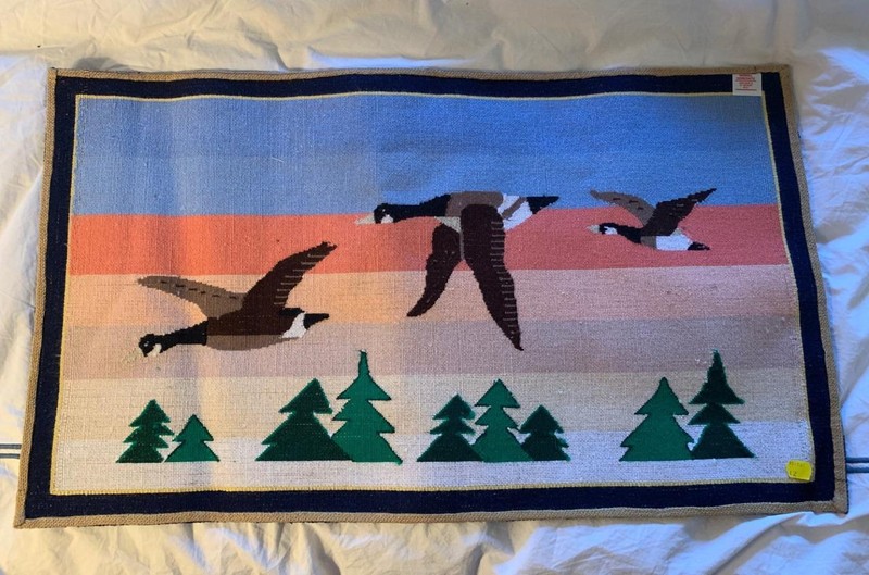 Antique Grenfell Rug 3 Canada Geese in Flight Midnight Sun Large 30" Hand Made gallery