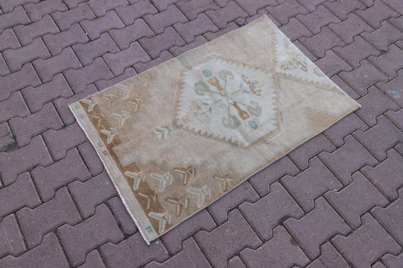 Vintage Small Carpet Anatolian Handwoven Authentic Oriental Beige Rug 2x4 ft gallery