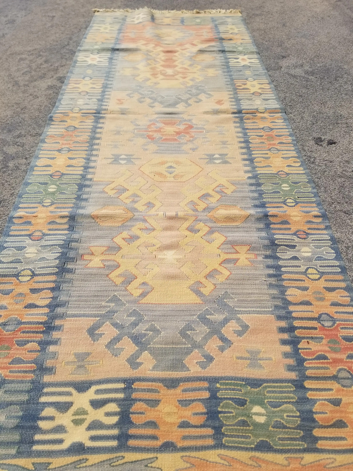 Distressed Vintage Traditional Handmade Turkish Wool Blue Kilim 5.9x2.2ft gallery