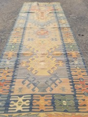 Distressed Vintage Traditional Handmade Turkish Wool Blue Kilim 5.9×2.2ft