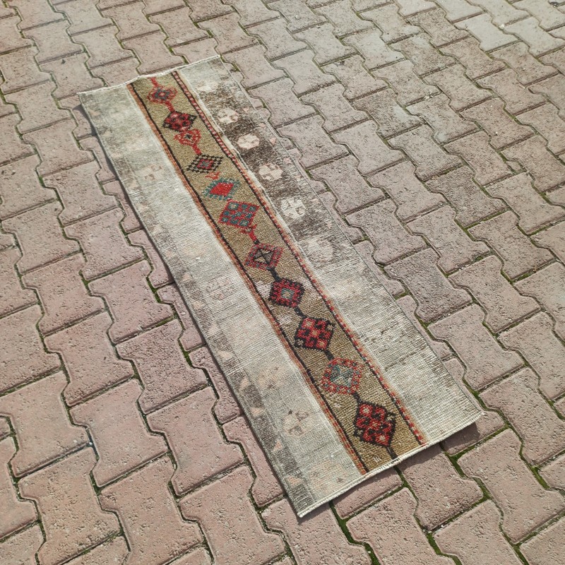 2x5 ft Faded Beige Vintage Turkish Wool Runner With Teal Accents - Tariff Free gallery