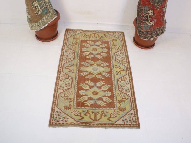 Vintage Hand Knotted Accent Rug Red Beige Tribal Geometric 3x4 ft gallery