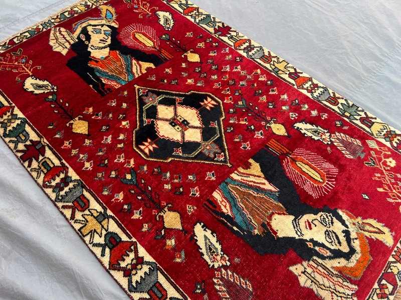 Red Antique Tribal Pictorial Hand Knotted Wool Rug 4x6 Unique Collector Rug gallery