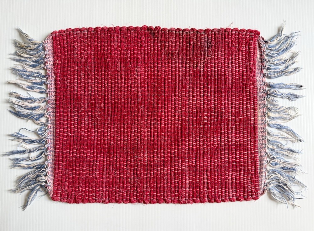 Vintage Small Woven Rag Rug, Red w/ Blue Fringe 13x22” Boho MCM