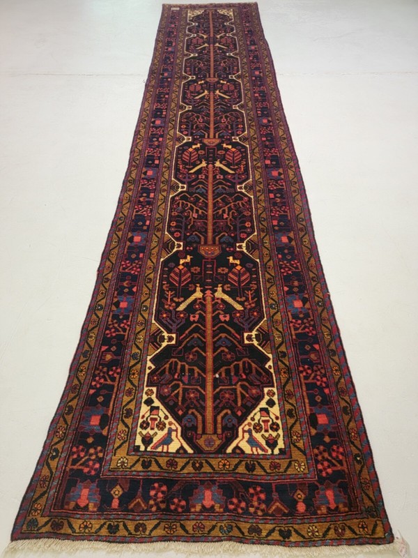 Antique Oriental Hand-Knotted Wool Runner Navy Blue/Red/Ivory/Blue 3'6" x 17'3" gallery