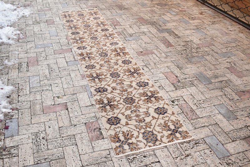 Turkish Carpet 1x9 Size Oushak Oriental Runner Vintage Hallway Kitchen Beige Rug gallery