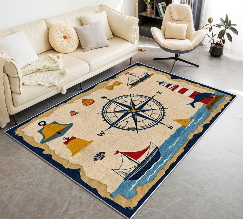 Vintage Nautical Compass Area Rug 5x7ft, Washable Non-Slip Carpet for Living Roo gallery