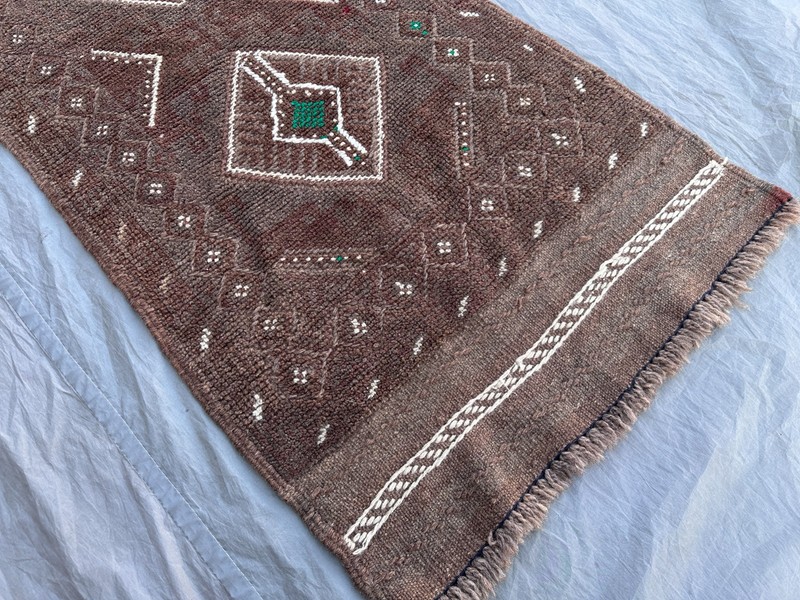 Brown Antique Afghan Handmade Tribal Runner Rug Wool Geometric Faded Kitchen Rug gallery
