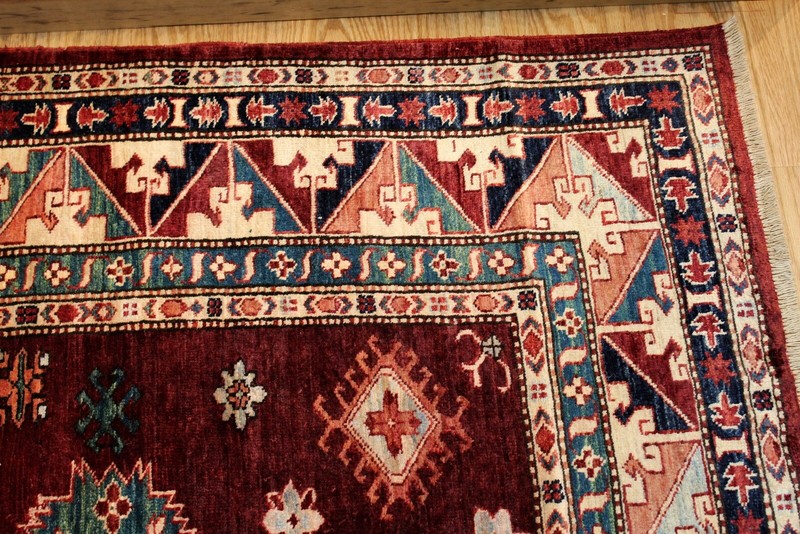 _KAZAK_RUG_HAND-MADE_7 X 9 FT. HAND-KNOTTED-100% WOOL Maroon dark red teal color gallery