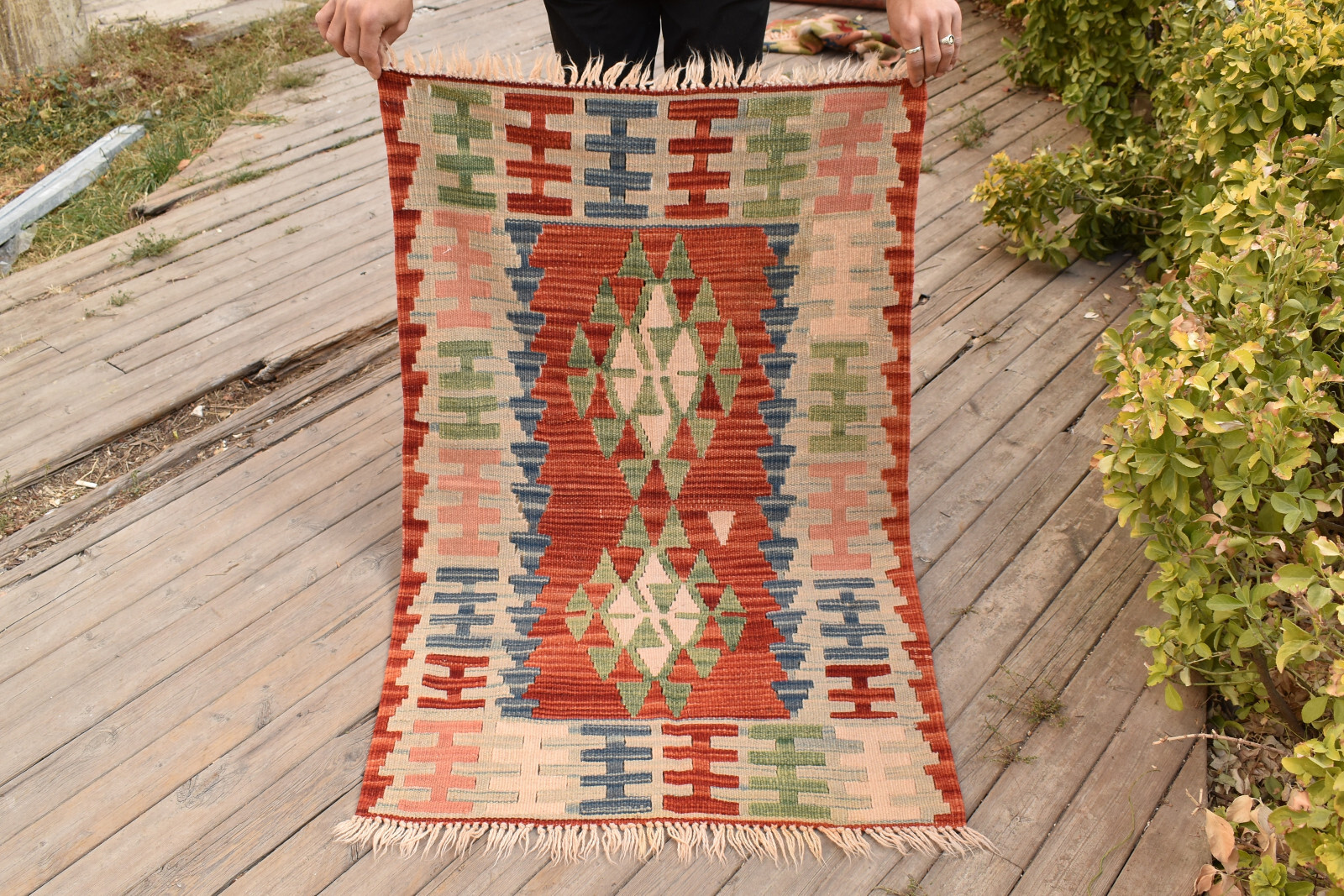 Turkish Kilim 31''x49'' Handwoven Kayseri Natural Wool 80x125cm Orange Rug 2x4 gallery