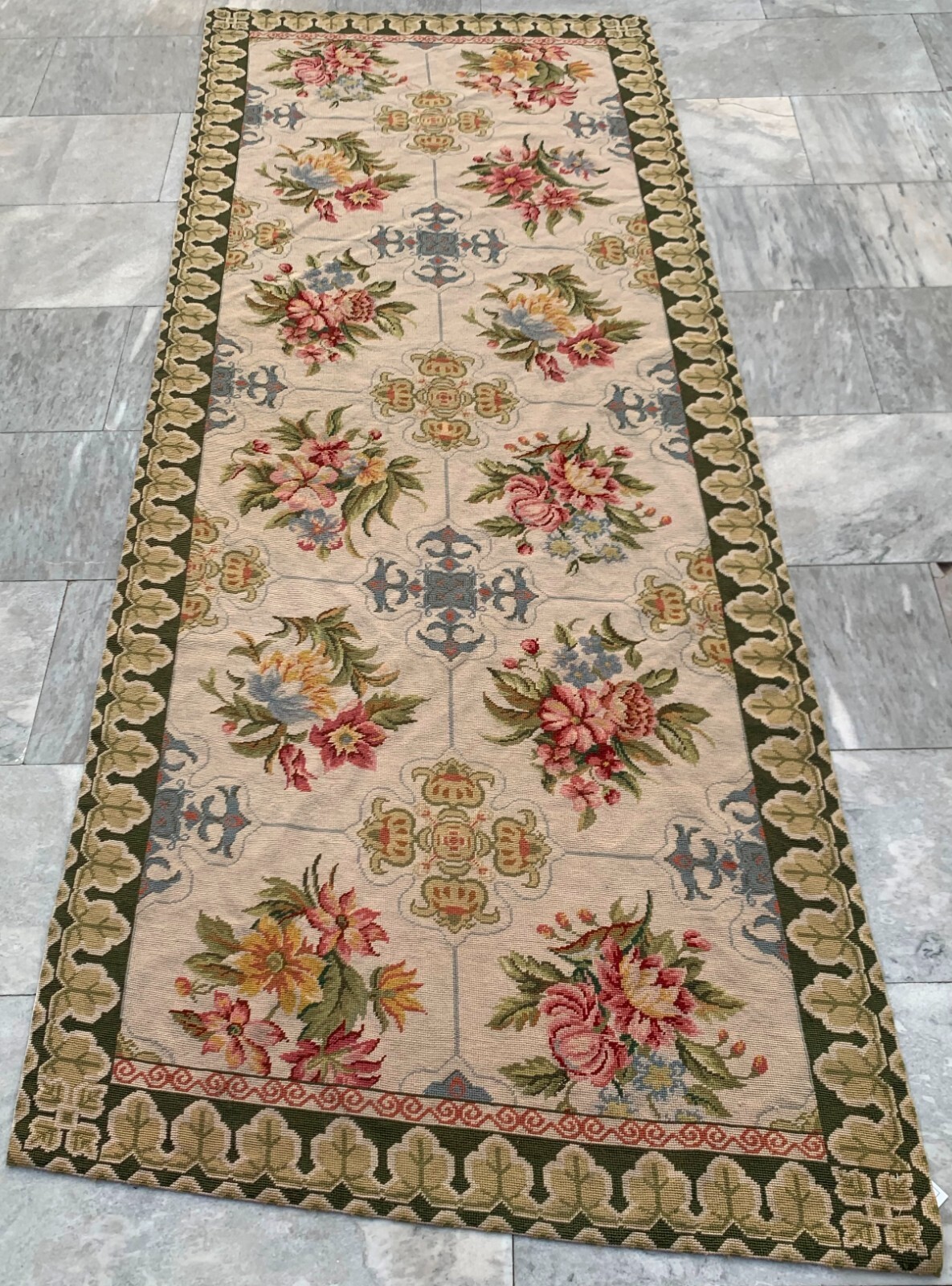 Vintage Handmade Aubusson Rug French Style Chain Stitch Needlepoint Rug 3x8 ft gallery