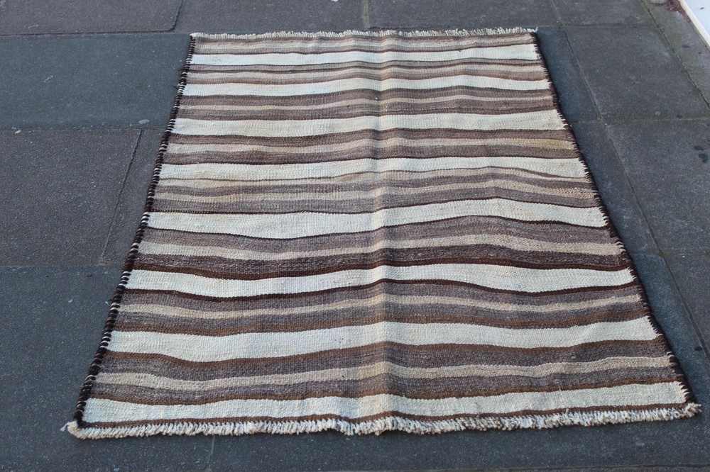 Vintage Traditional Hand Made Oriental Wool White Brown Large Kilim 162x104cm