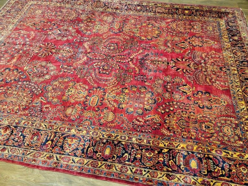 Antique hand knotted traditional design Sarouk rug size 10'2"×13' deep red gallery